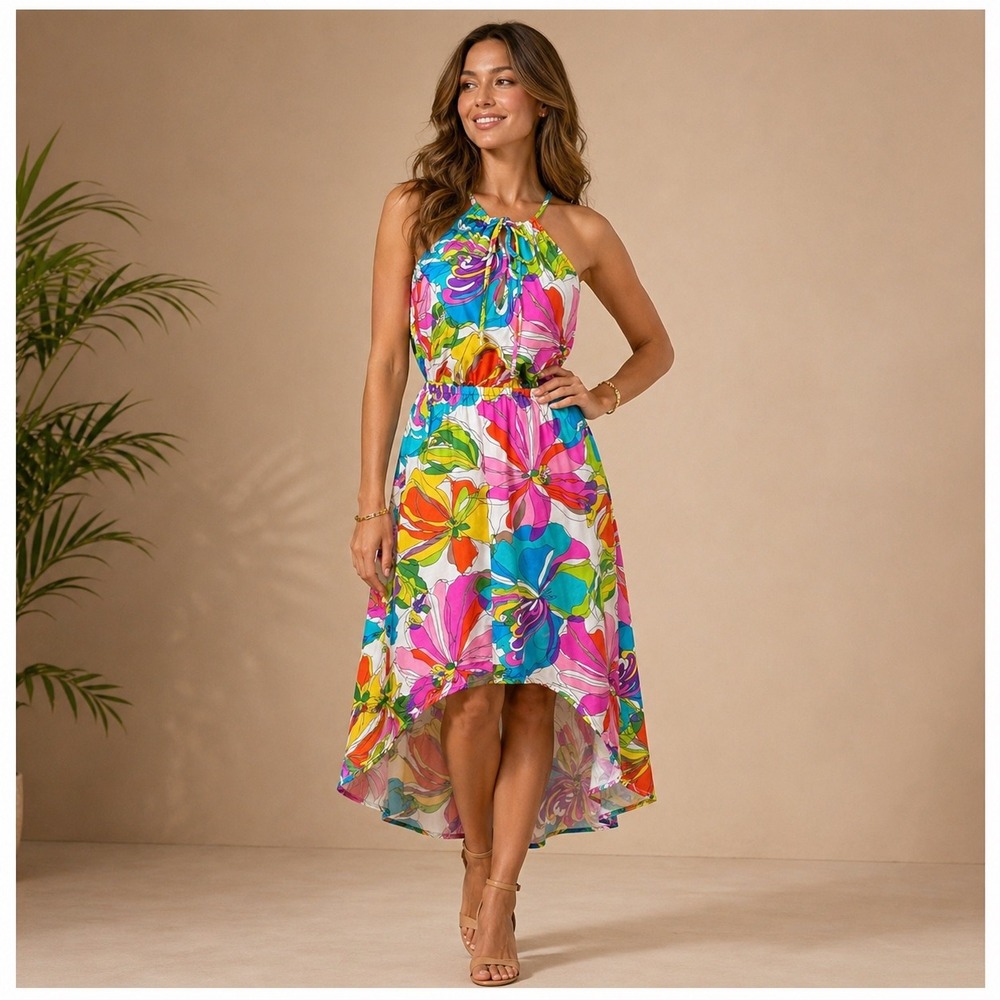 Trina Turk Bright Floral Halter High-Low Dress in Pink, Blue & Green